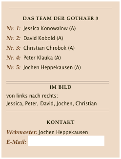 ￼

Das Team der Gothaer 3
Nr. 1:  Jessica Konowalow (A)Nr. 2:  David Kobold (A)Nr. 3:  Christian Chrobok (A)Nr. 4:  Peter Klauka (A)
Nr. 5:  Jochen Heppekausen (A)

￼
Im Bild
von links nach rechts:
Jessica, Peter, David, Jochen, Christian
￼

KONTAKTWebmaster: Jochen HeppekausenE-Mail: contact@jochenheppekausen.de

￼