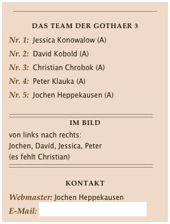 ￼

Das Team der Gothaer 3
Nr. 1:  Jessica Konowalow (A)Nr. 2:  David Kobold (A)Nr. 3:  Christian Chrobok (A)Nr. 4:  Peter Klauka (A)
Nr. 5:  Jochen Heppekausen (A)

￼
Im Bild
von links nach rechts:
Jochen, David, Jessica, Peter 
(es fehlt Christian)
￼

KONTAKTWebmaster: Jochen HeppekausenE-Mail: contact@jochenheppekausen.de

￼