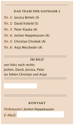 ￼

Das Team der Gothaer 2
Nr. 1:  Jessica Bettels (S)Nr. 2:  David Kobold (S)Nr. 3:  Peter Klauka (A)Nr. 4:  Jochen Heppekausen (A)
Nr. 5:  Christian Chrobok (A)
Nr. 6:  Anja Mescheder (A)

￼
Im Bild
von links nach rechts:
Jochen, David, Jessica, Peter 
(es fehlen Christian und Anja)
￼

Gothaer II im BKV-LIVE

￼

KONTAKTWebmaster: Jochen HeppekausenE-Mail: contact@jochenheppekausen.de

￼